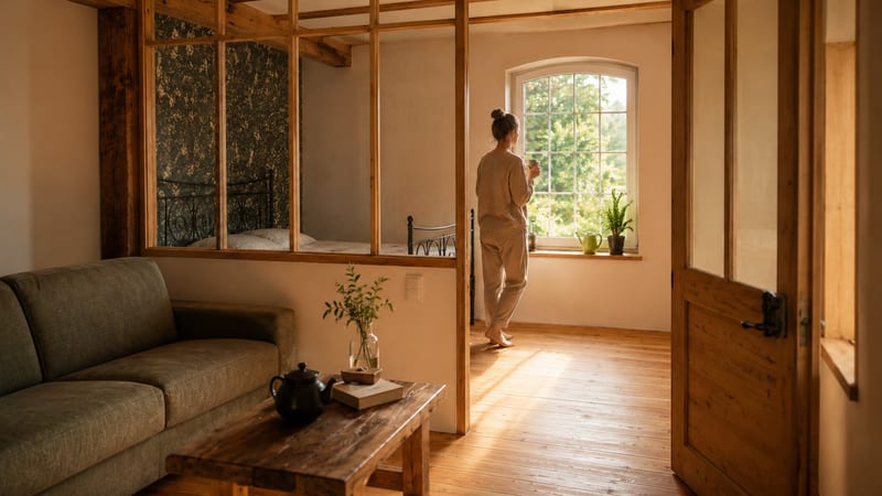Schlafzimmer der Ferienwohnung mit Blick aus dem Fenster